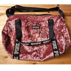 Victoria's Secret PINK Crushed Velvet Duffel Bag Mauve Rose Logo Strap GymTravel